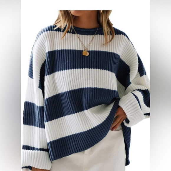 Womens Striped Sweaters Long Sleeve Cable Knitted Color Block Casual Loose Light